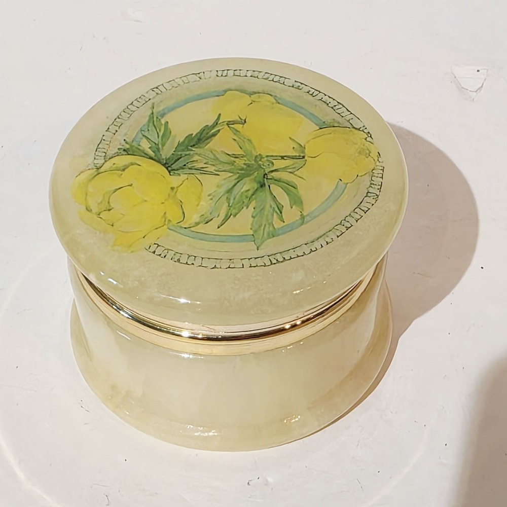 Vtg Genuine Alabaster Trinket Jewelry Box Floral Hand Carved In Italy Gold Trim